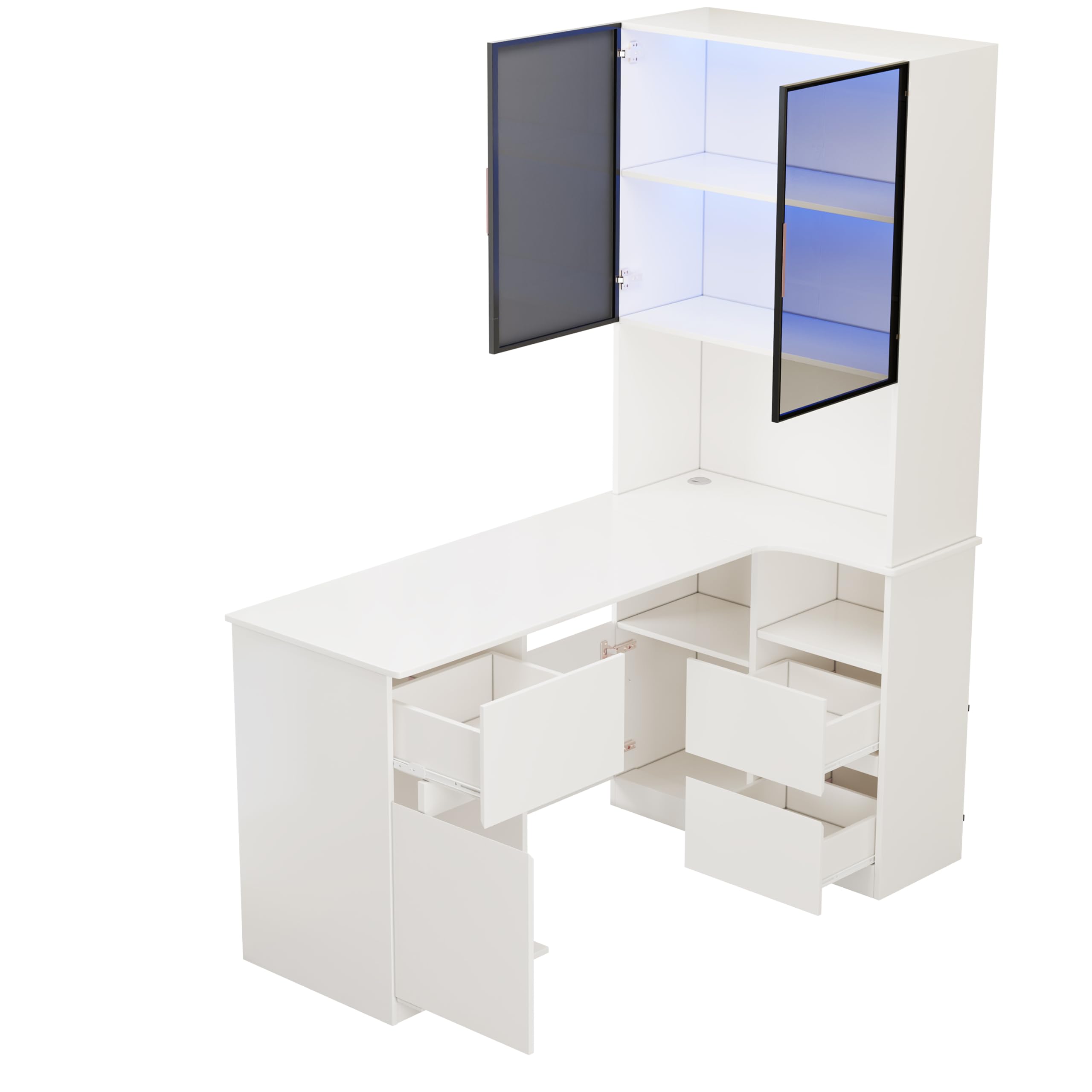 Scrivania angolare con ripiano e vetrina a LED – scrivania con gestione dei cavi, scrivania angolare con libreria integrata (Bianco - Destra, 120×80×180 cm)