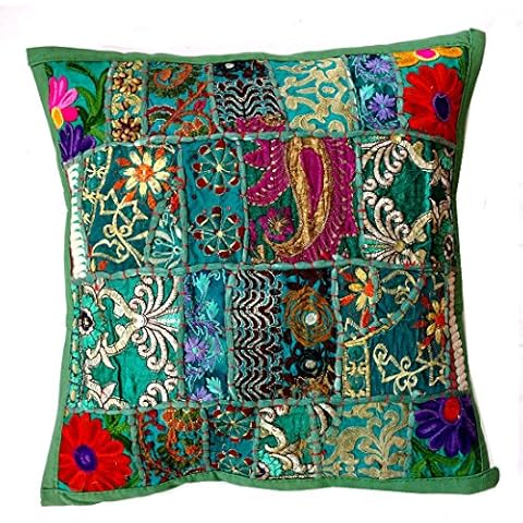 Rastogi Handicrafts Handmade Patchwork Cushion Pillow, Sari Patch Throw Pillow Indian Ethnic Pillow Covers Embroidered Sari Patchwork Cushion Cover (Green) Cover