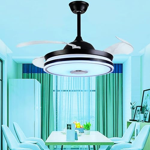 Miniatura 8 de RuiWing - Ventilador de techo Bluetooth de 42 pulgadas con luz y altavoz, control remoto, cuchillas retráctiles, lámpara LED de música, 7 colores,