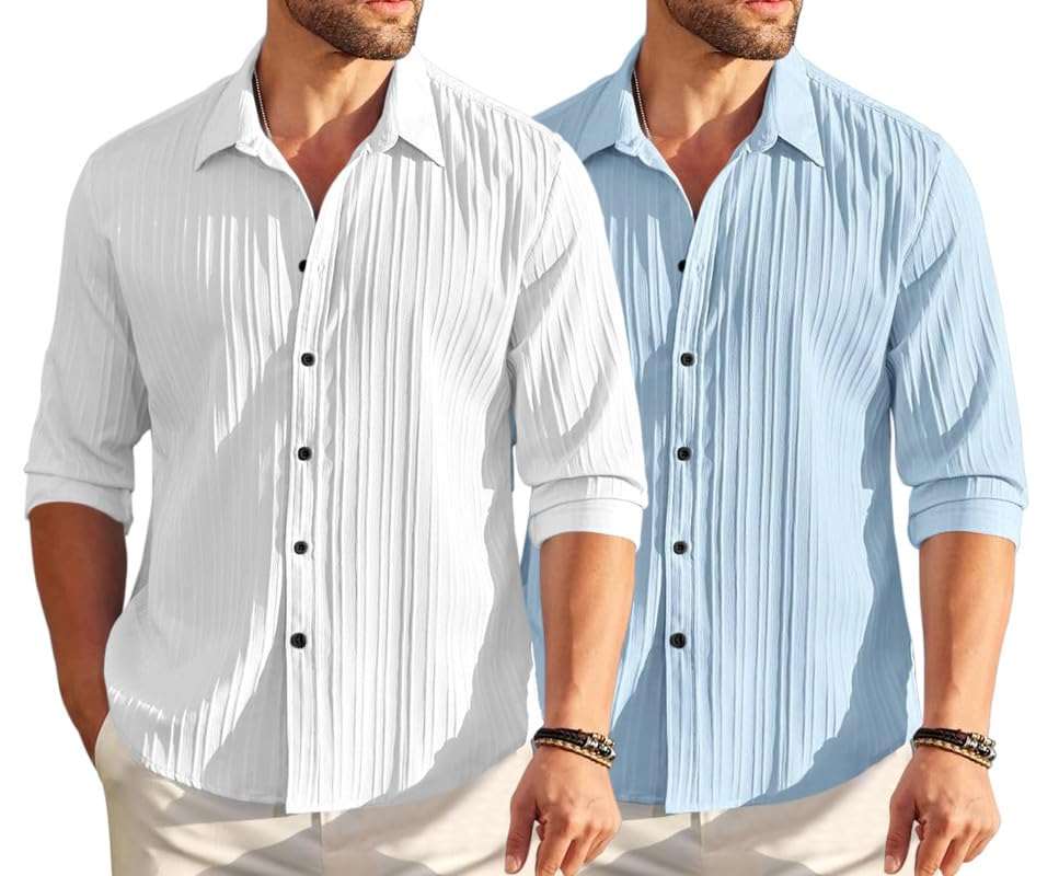 Image of FINIVO FASHION Men's Cotton Blend Shirt Set Lightweight, Full Sleeves, Plain Texture, Button Closure, Summer Ready (Pack of 2)
