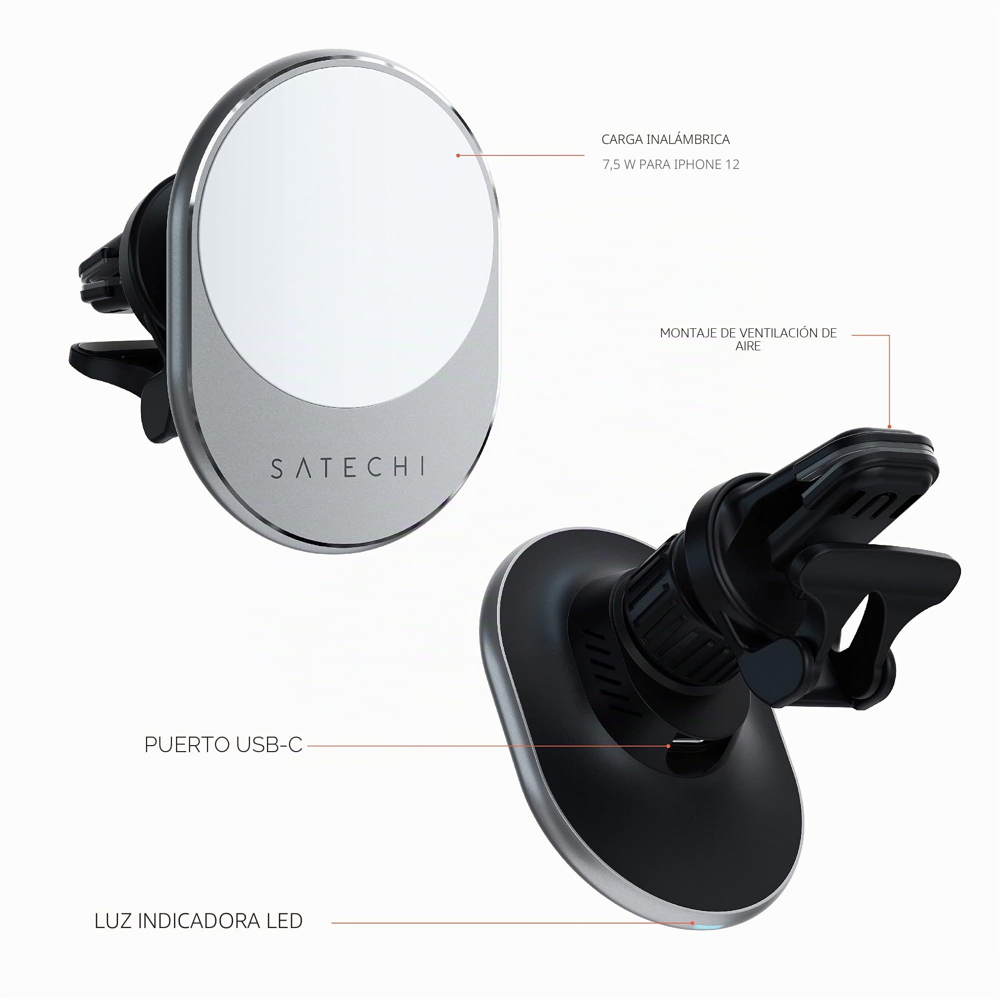 SATECHI Cargador de Coche Magnético Qi 7,5W, Compatible MagSafe | Carga inalámbrica Qi 7,5W tipo MagSafe, soporte para rejilla de ventilación, compatible con iPhone 17-12