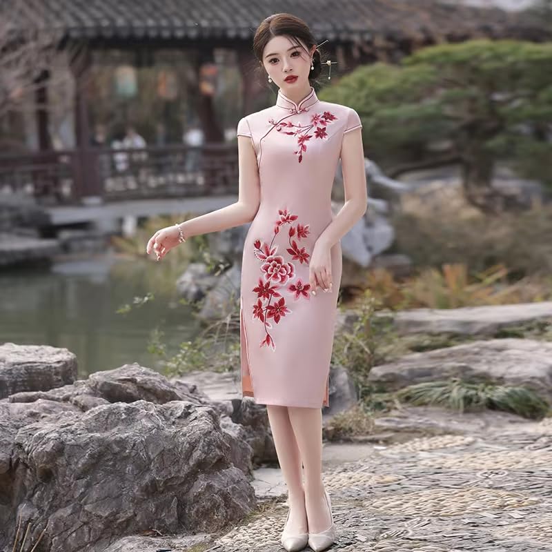 Cheongsam De Manga Corta para Mujer - Vestido De Novia De Fiesta con Abertura Lateral Y Corte Entallado Estilo Chino Mejorado hasta La Rodilla con Bordado De Encaje para Primavera Y Verano