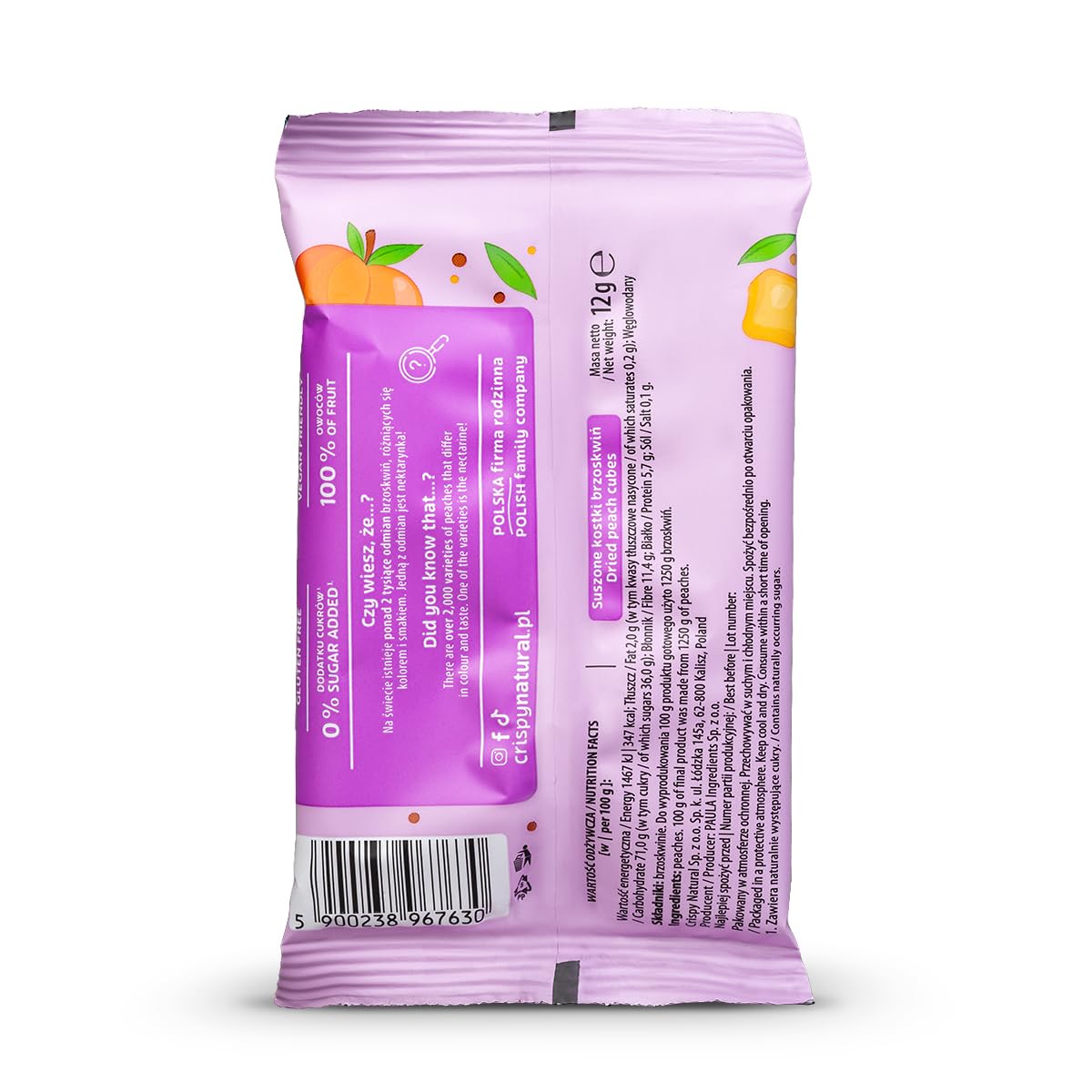 Crispy Natural Durazno Chips 20x12 g. Frutas Deshidratadas Naturalmente Crujientes. Snack Saludable Sin Azúcar Añadido, Sin Gluten. Fuente de Fibra. Pequeñas Porciones.