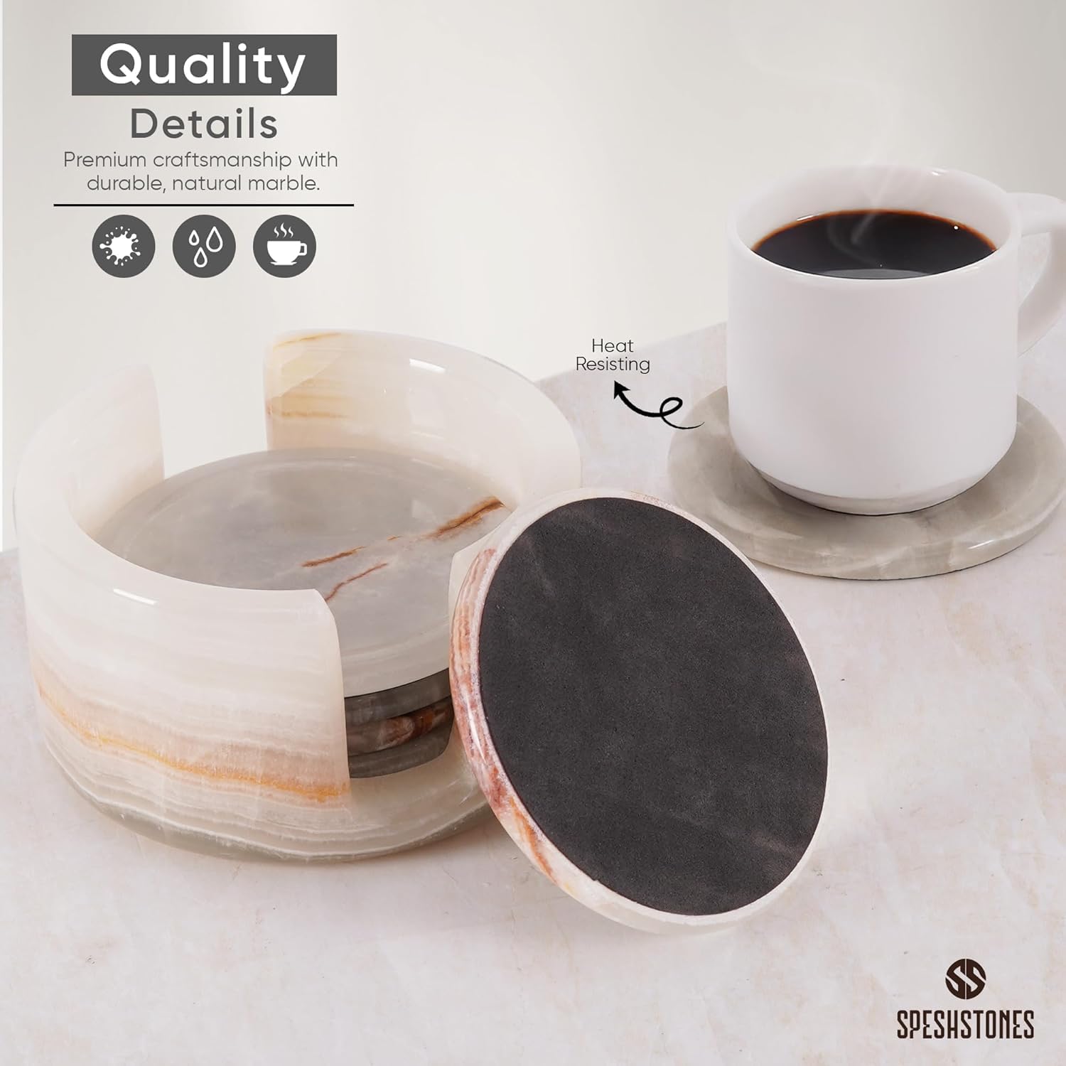 Radicaln Set di sottobicchieri rotondi in marmo per bevande da 8,9 cm in onice verde, fatti a mano, set di sottobicchieri da ufficio, contenitori da cucina, sottobicchieri (White Onyx)