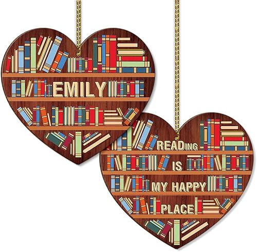 Adorno de corazón de libro personalizado My Happy Place, adorno de Navidad para amantes de los libros de madera, adorno de Navidad Just A Girl in