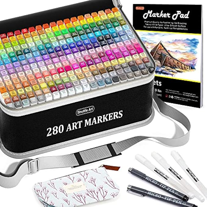 Shuttle Art 280 Colors Dual Tip Alcohol Based Art Markers, 279 Colors Permanent Marker Plus Colorless Blender, Micro-tip Pens, White Highlighter Pens, Marker Bag with Holders for Kids Adult Coloring