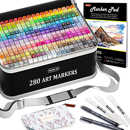 Shuttle Art 121 Colors Alcohol Markers, 120 Colors Dual Tip Art Marker Set Plus 1 Colorless Blender with Marker Case Perfect for Illustration Students Adult Coloring Sketching