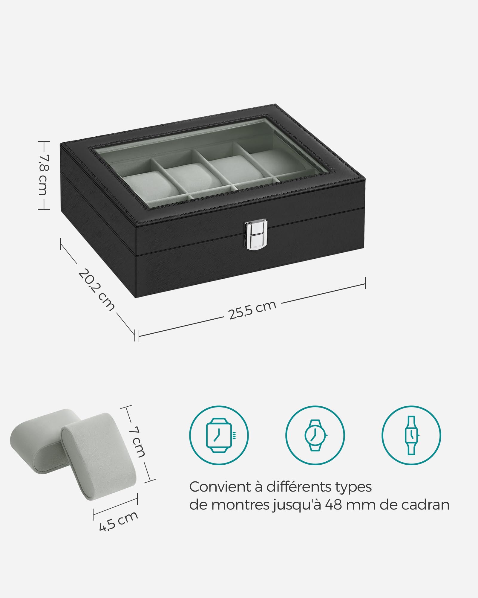 SONGMICS Boîte à Montres à 10 Emplacements, Coffret à Montres, Écrin, Couvercle en Verre, Coussinets Amovibles, Serrure en Métal, Revêtement en Noir et Doublure en Gris Verdâtre JWB010BK