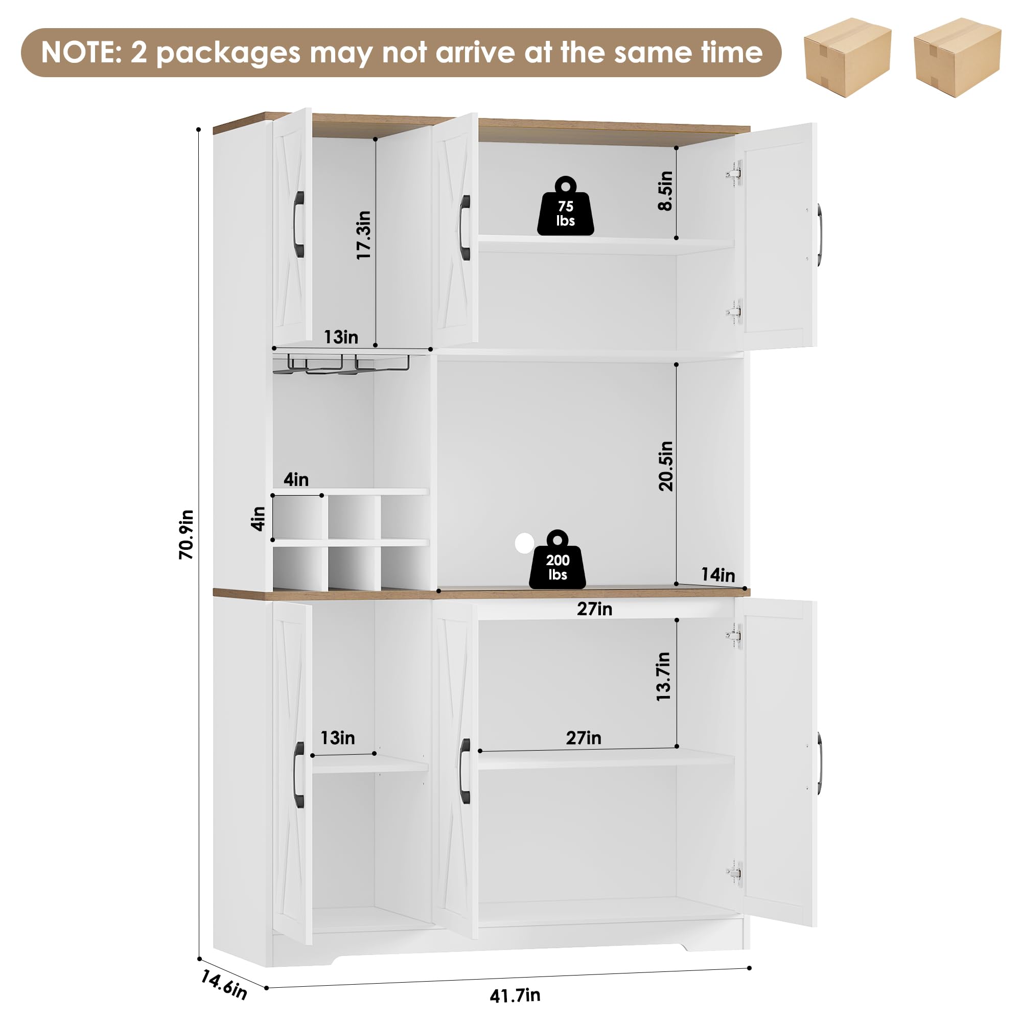 HOCSOK Küchenschrank 106x180 cm (BxH), Buffetschrank Weiß, Sideboard mit 6 Türen, Abnehmbarem Flaschenhalter und Abnehmbarem Glashalter, Vorratsschrank für Küche, Wohnzimmer, Esszimmer, 180 x 106 x 37
