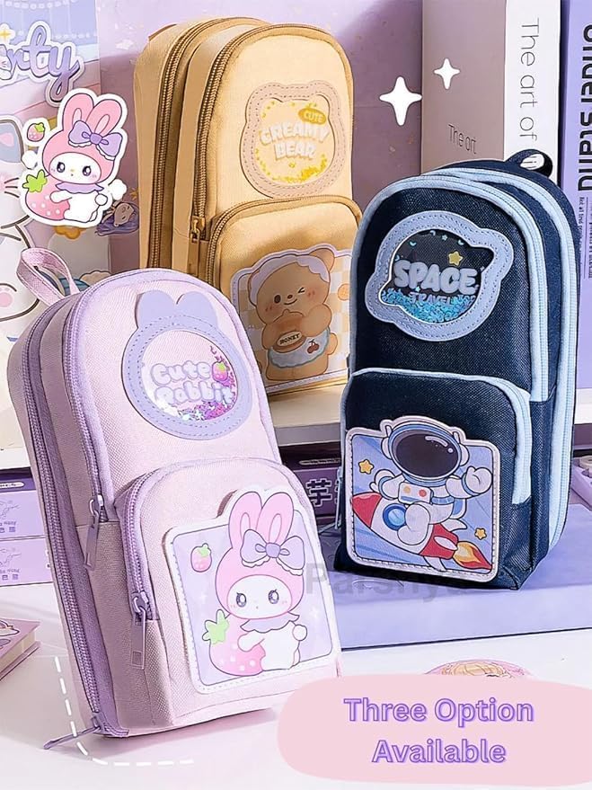 Image of WORSHIPER Kawaii Cute Pencil Pouch with Push Pull Eraser Set for Kids | Premium Canvas Zipper Stationery Organizer Box with Cartoon Design | Gift Combo for Boys & Girls (Space Blue + Earser)