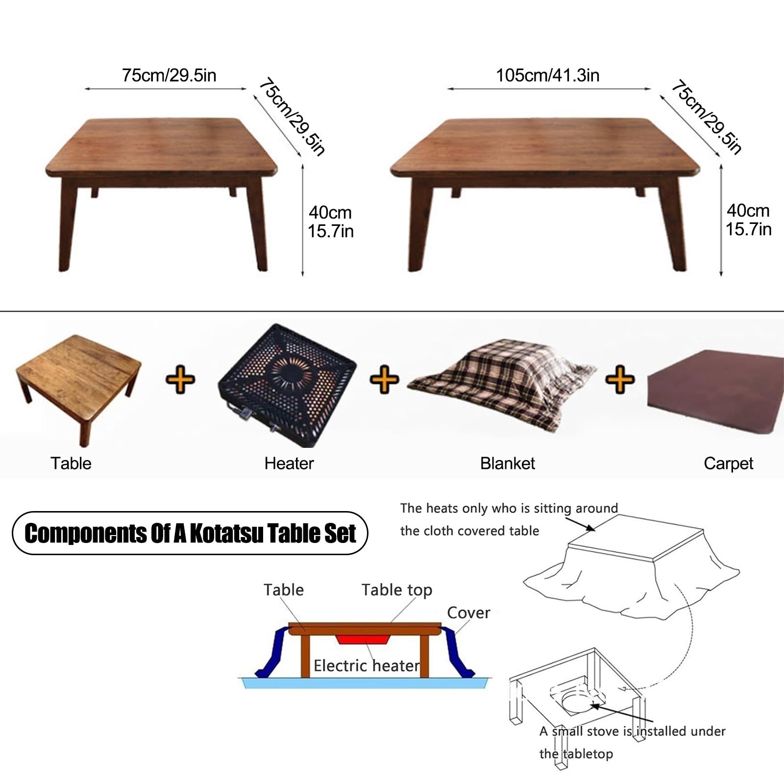 HARELA Tavolo Riscaldante Tatami Kotatsu Tavolino, Tavolino Riscaldamento per Riscaldamento Invernale, Tavolino da salotto, Legno massello, Regalo caloroso per la famiglia(Brown,75x75cm/29.5x29.5in)
