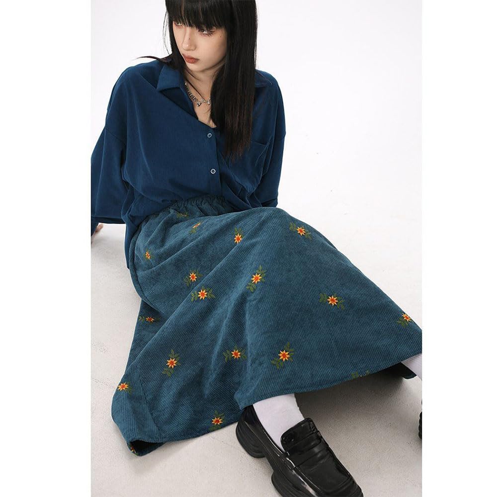 Gonne Lunghe da Donna in Velluto a Coste con Ricami Floreali, Gonna Midi Lunga in Velluto a Coste con Tasche, con Tasche gonne Invernali
