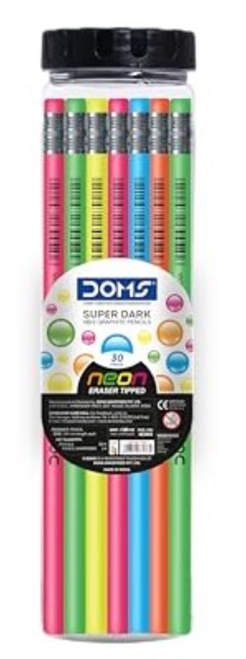 Doms Neon Rubber Tipped HB/2 Graphite Pencil Jar Pack | Confortable & Soft In Hands | Dark & Neat Handwriting | Free Sharpener, Eraser & Scale Inside | Pack of 30 Pencils