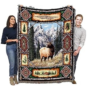 Pure Country Weavers Elk Lodge Blanket – Wildlife Cabin Gift Tapestry Throw Woven from Cotton – Made in The USA (72×54)