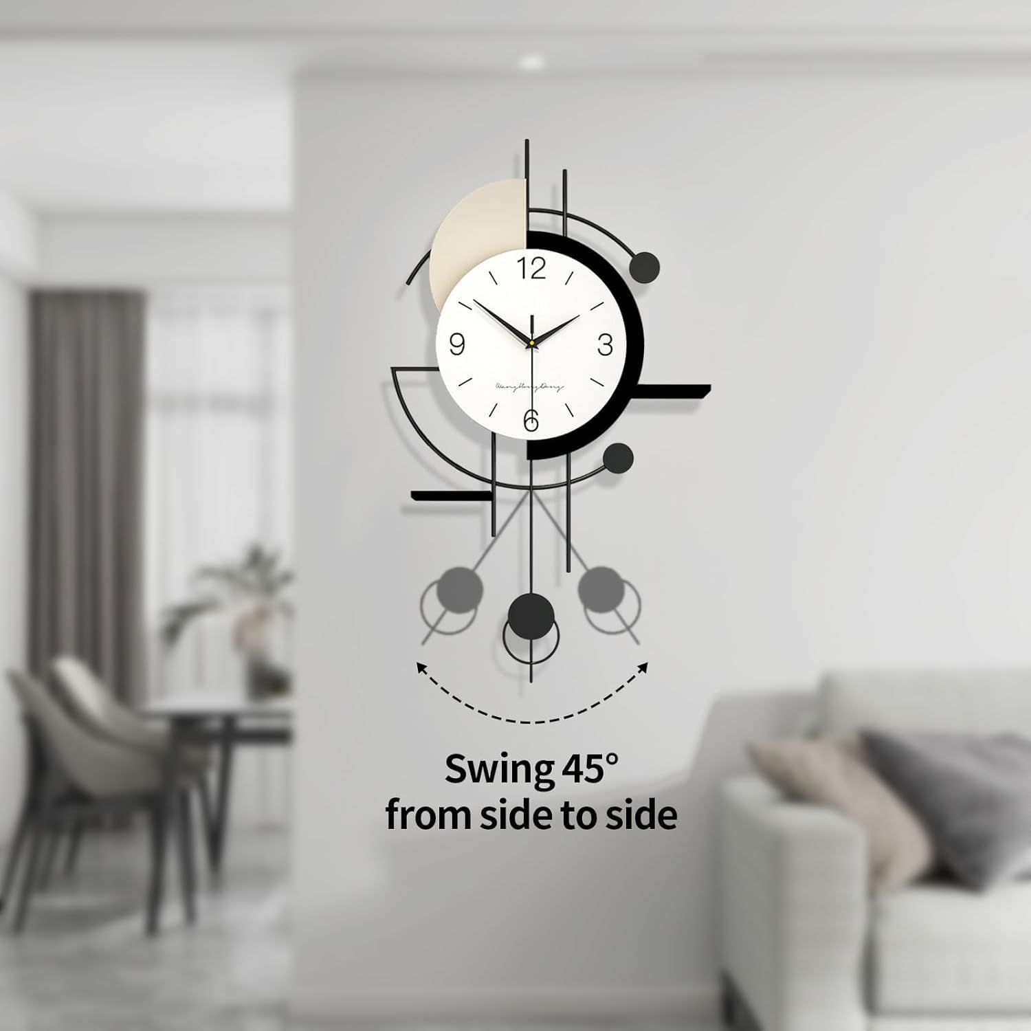 Große Moderne Wanduhr, Lautlos Dekorative Wall Clock Ohne Tickgeräusche mit Pendel, Minimalistisches Wanduhren mit Pendel, Metallrahmen, für Wohnzimmer Flur Schlafzimmer Büro Küche, 70 * 38cm