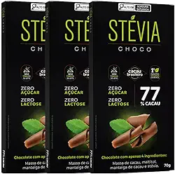 Kit com 3 Unidades de Chocolate 77% Cacau Zero Acucar Zero Lactose de 70g cada - Stevia Choco