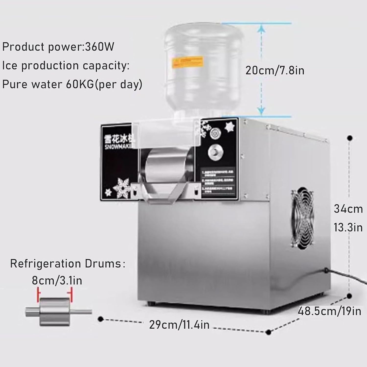 Commercial 360W/750W/1200W Snowflake Ice Maker, 264lb/24h Electric Ice Crusher with 2 Feed Barrels, Automatic Ice Shaved Machine for Food Truck, Restaurant, Milktea Shops,A-60KG