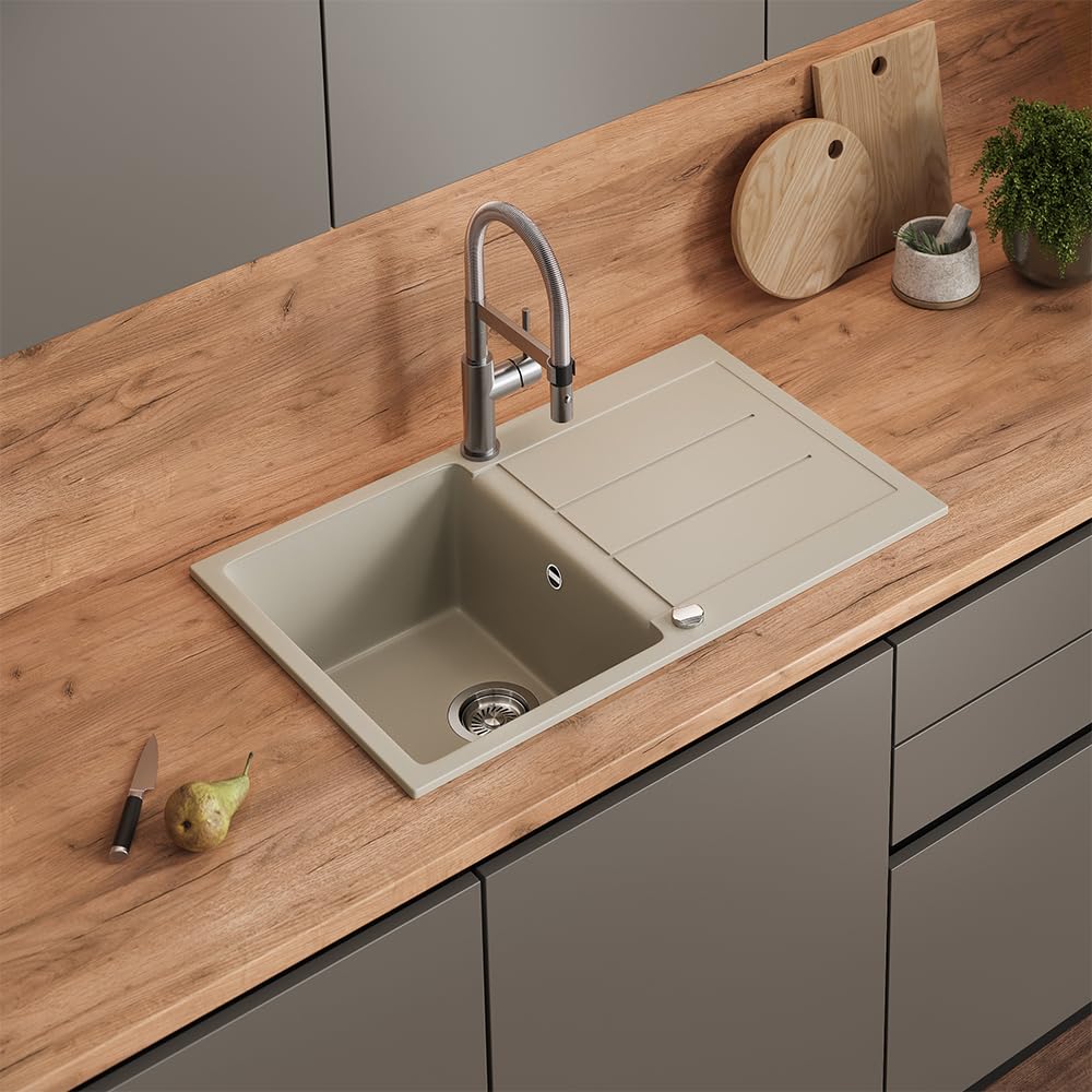 Bergström Evier "Kapstadt", Beige, 78x50cm | avec égouttoir et kit de vidage pour installation sous-plan ou à encastrer