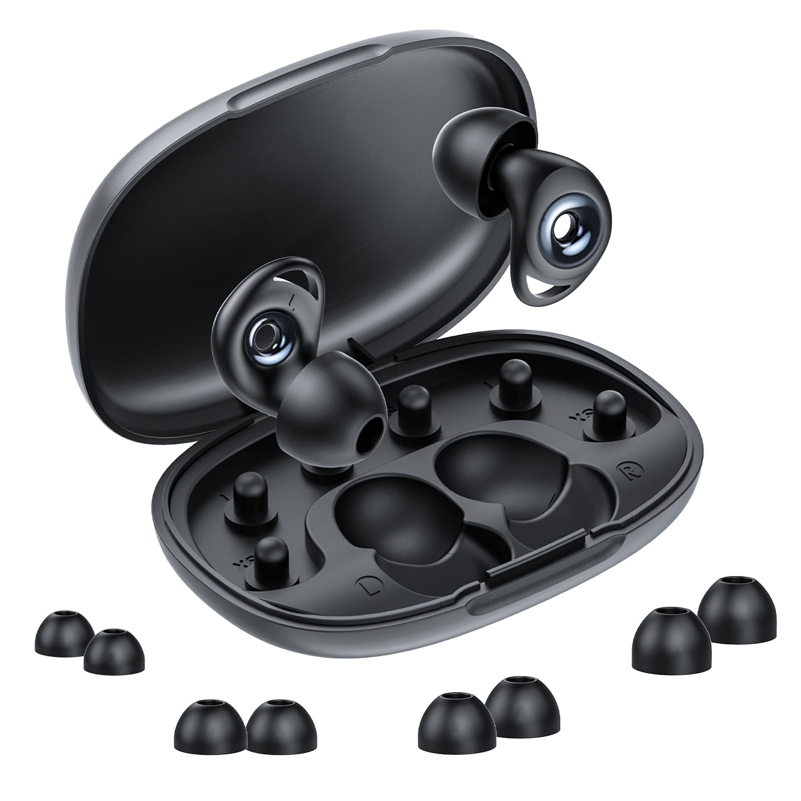 Bouchons d'oreille silicone anti-bruit pour dormir 32dB | lavable, réutilisable, 4 tailles XS/S/M/L, étui inclus, pour dormir, ronflement, voyage, concert, Noir laqué piano