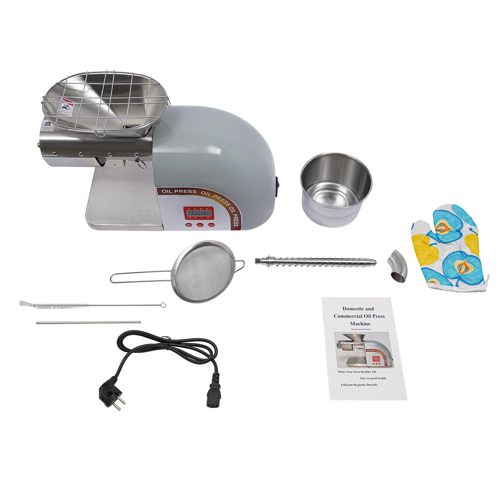 Presse à huile électrique 1800W en acier inoxydable, température réglable avec filet de protection, rendement 95%, double leviers pour usage domestique et professionnel