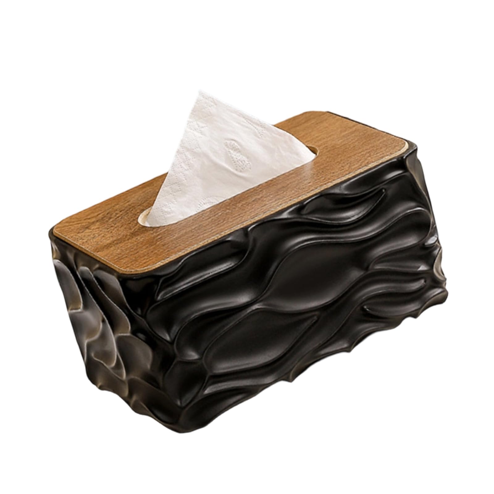 Hzbb Black Decorative Wooden Top Tissue Container With Artistic Waved Pattern Multipurpose Tissue Dispenser Ideal For Household Use Bathroom Dispenser