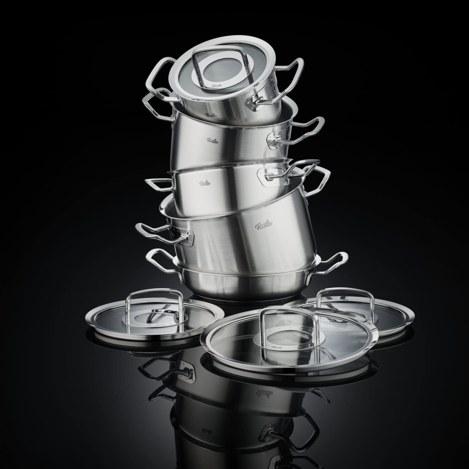 Fissler Original,Profi Collection Set di pentole in acciaio inox, 5 pezzi, pentole con coperchio in vetro 3 pentole, 1 padella e 1 padella da portata , induzione