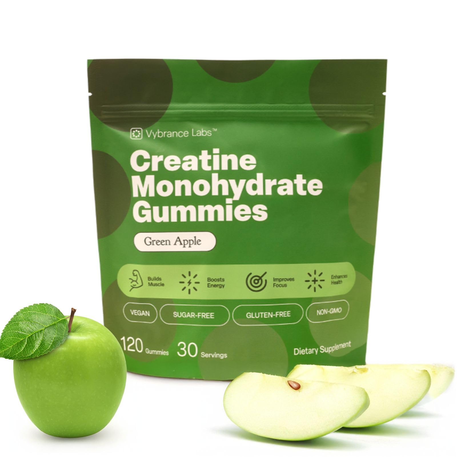 Creatine Gummies 5g Monohydrate + Taurine & B12 - Sugar-Free, Vegan, Gluten-Free - Green Apple - 120 Count (30 Servings) for Strength, Energy & Focus