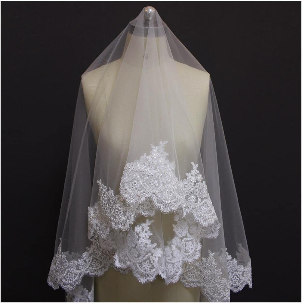 Sluiers Pailletten Kanten bruidssluier Geen kam Bruidssluier van tule 2 meter lange mantilla bruidssluier Eén laag Elegante bruidstule