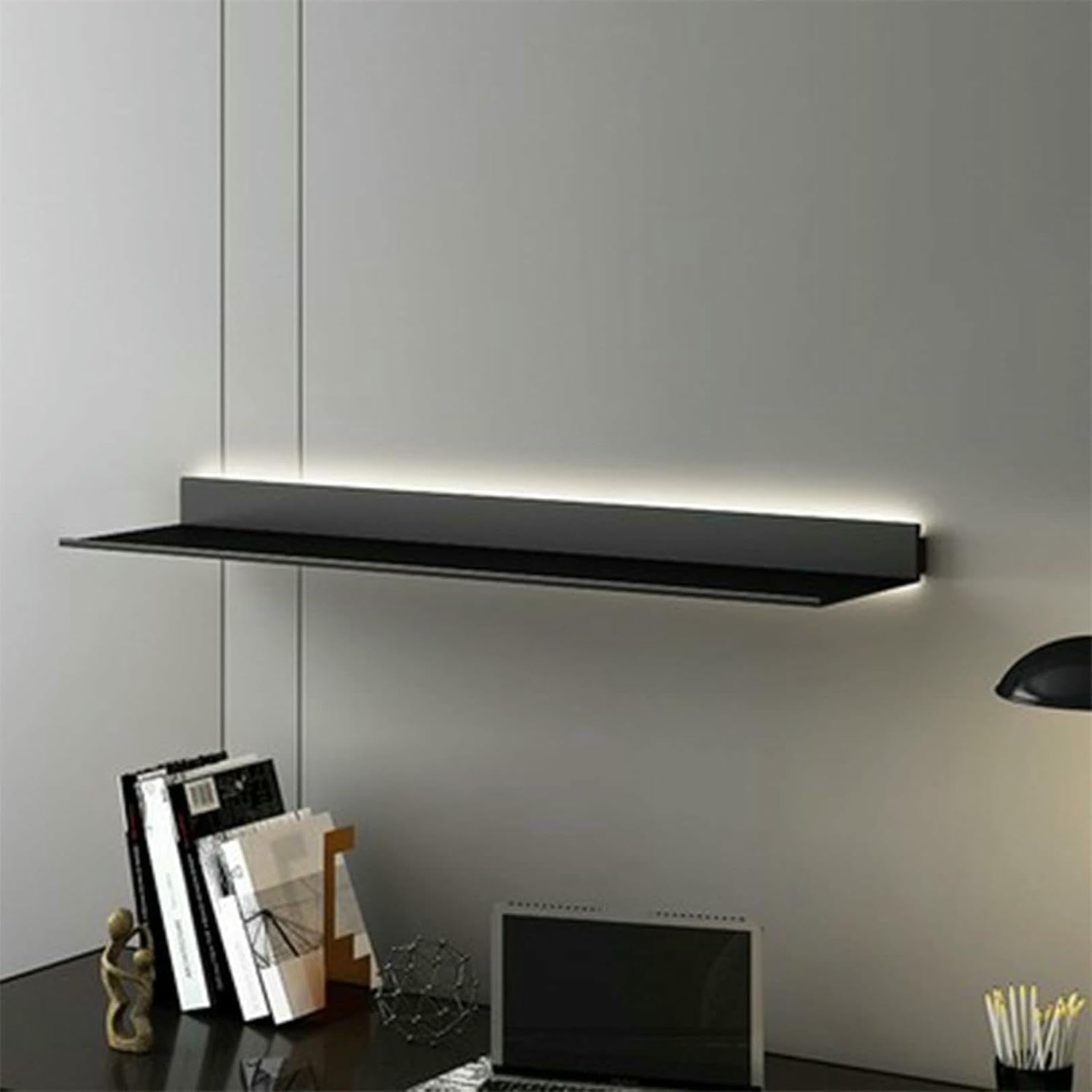 Mensole da Parete sospese con Luce LED per la Decorazione e Lo stoccaggio del Soggiorno （Black-100cm）