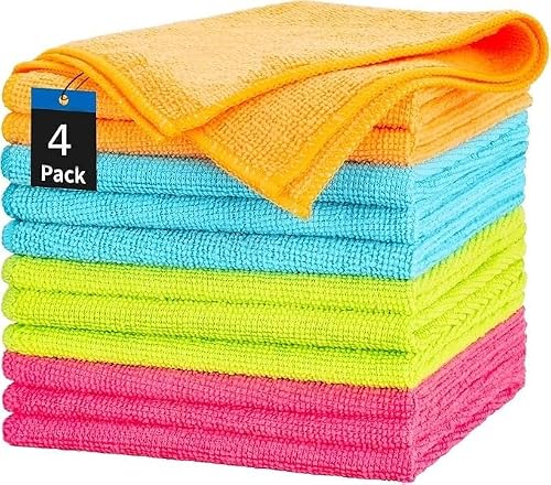 Premium Microfiber Cleaning Cloths, Multi-Purpose Kitchen Towels, Orange Blue Green Pink, 30 x 30 cm, Super Absorbent, Reusable, 4 Pack
