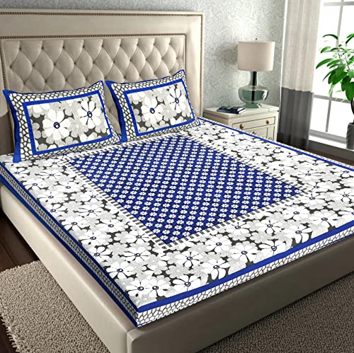 Image of RajasthaniKart Pure 100% Cotton Double Bed Sheet with 2 Pillow Covers (Bedsheet for Double Bed Cotton, Blue,Floral)