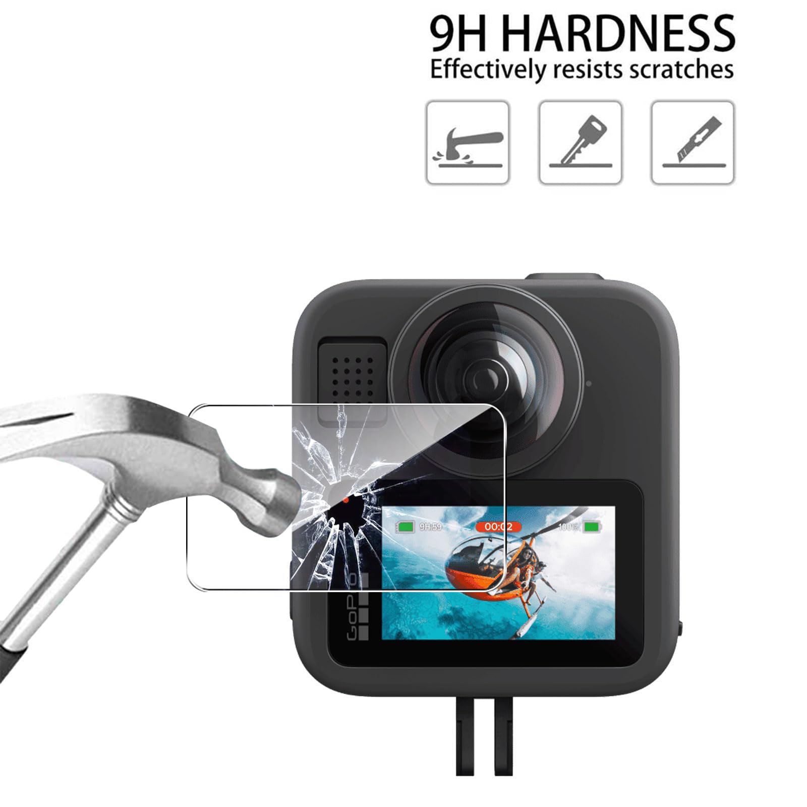 QULLOO Pellicola Protettiva per GoPro MAX 2, 2 Pezzi HD Vetro Temperato Durezza 9H Anti-graffio Schermo Protezione