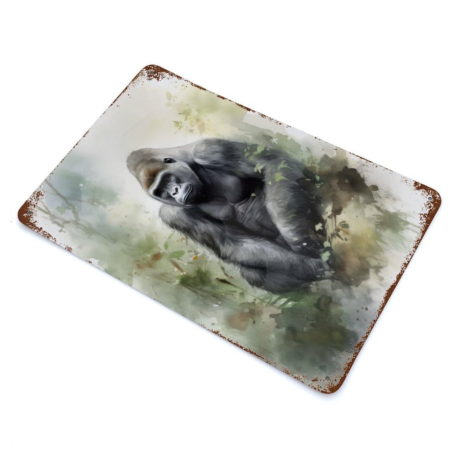Gorilla Watercolor Painting Rusty Metal Tin Sign 11.8"x7.9", Industrial Home Decor for Garage, Pub Or Kitchen