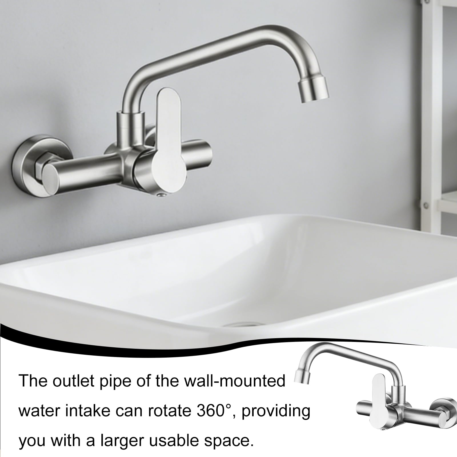 Grifo de cocina de montaje en pared, grifería de cocina, caño de pared giratorio 360°, grifo mezclador de acero inoxidable para fregadero, baño, mate