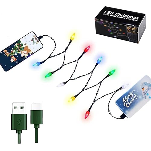 Cable de carga para teléfono con luz navideña, cable de carga de luces navideñas para automóvil, USB-A a tipo C de 55 pulgadas, 10 LED compatible