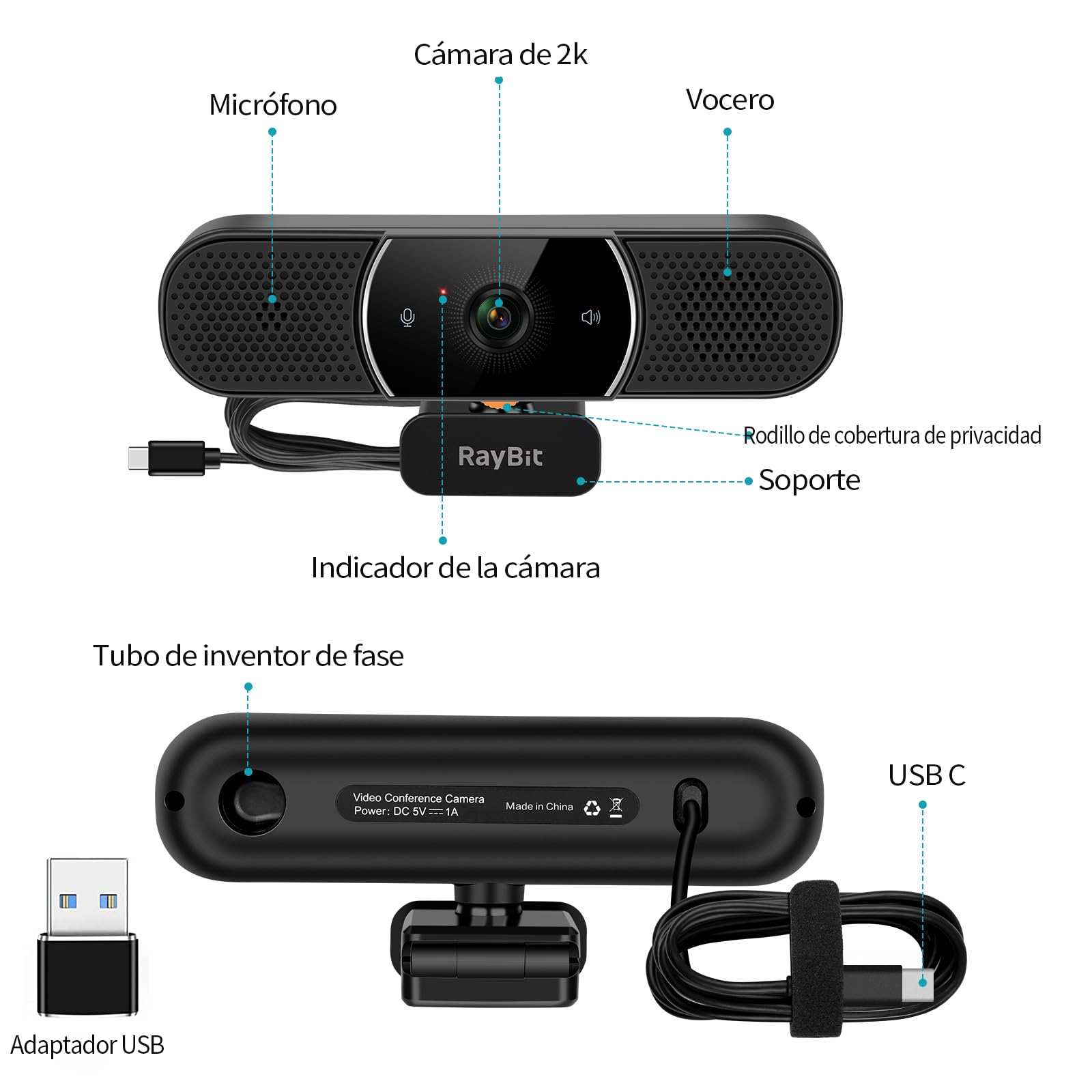 3 en 1 Webcam - 2K HD USB C Webcam con Micrófonos, Altavoz y Cubierta de Privacidad, Enfoque Automático Cámara Web para PC, Conferencias con Zoom/Skype/Teams, Conecta y Reproduce