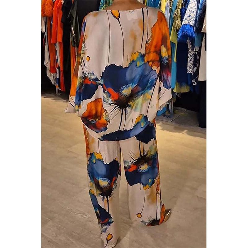 Casual Crew Neck Printed Satin Suit for Women,One-Shoulder Neck Loose Bat Sleeve Top Wide-Leg Trousers Pants Sets4