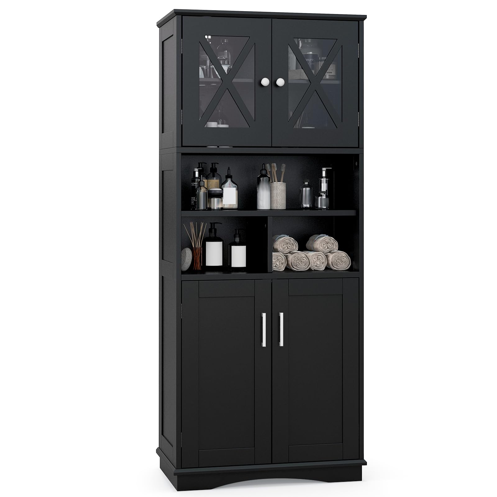COSTWAY Tall Bathroom Cabinet, Freestanding Storage Cupboard with Open/Adjustable Shelves and Doors, Wooden Bathroom Unit High Floor Cabinet for Living Room Kitchen Hallway, 60x30x145cm (Black)