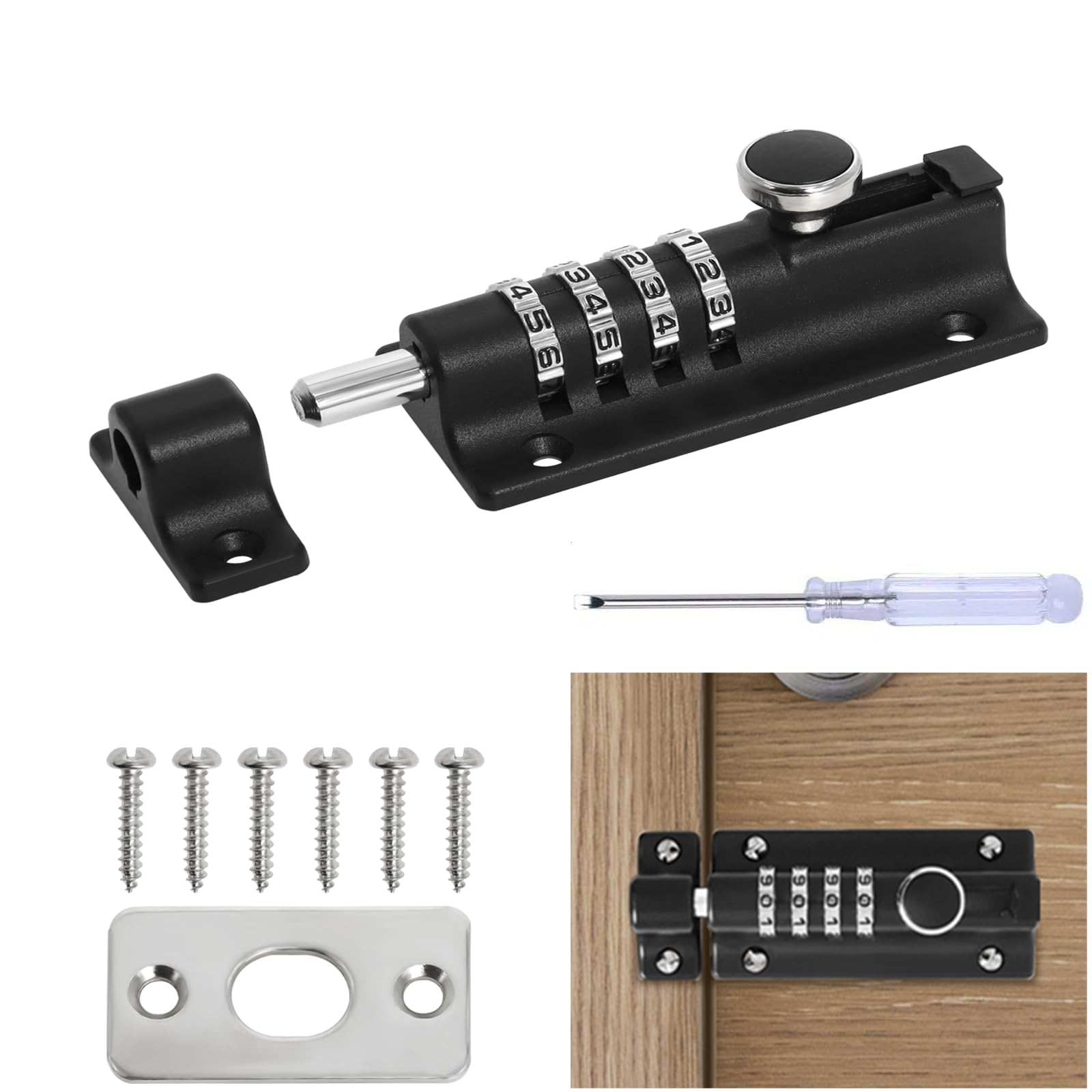 Combination Locking Bolt, 120mm 4-Digit Slide Latch Lock, Heavy-Duty Zinc Alloy Burglar-Proof & Weatherproof Gate Lock with Anti-Tamper Screws for Home, Garden, Gate & Child Safety (Black)