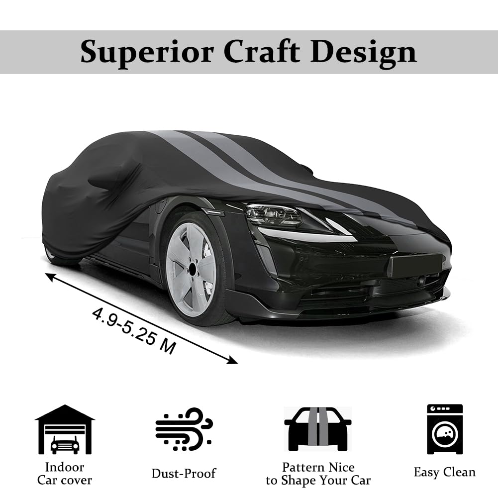 Bâche de Auto Intérieure, de Saloon/Berline Housse de Couverture Voiture Respirante Extensible en Velours élasticité, pour l'exposition de Garage/Voiture, L4.9~5.25M, Gris Rayé + Noir