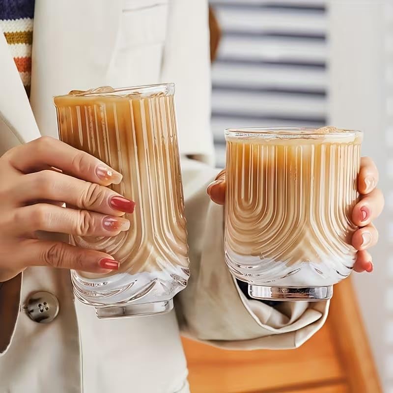 Image of PrimeWorld Vintage Ripple Highball Glass Set of 6 - 370 ml | Fashioned Transparent Cocktail Glassware | Classic Tall Glasses for Water, Juice, Iced Coffee & Bar Beverages