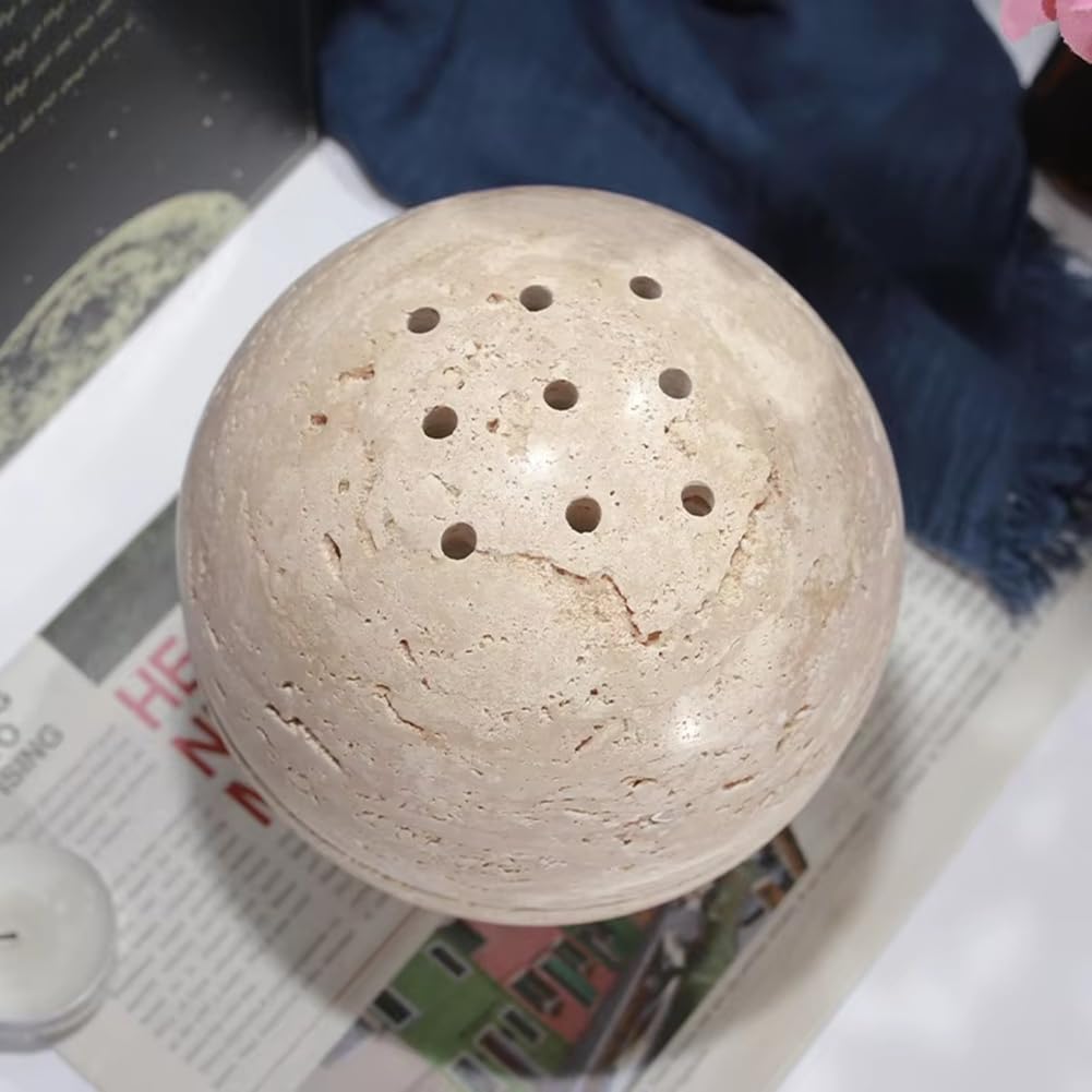 Quemador de incienso de esfera de travertino beige, piedra de mármol natural, decoración del hogar, adorno redondo religioso B