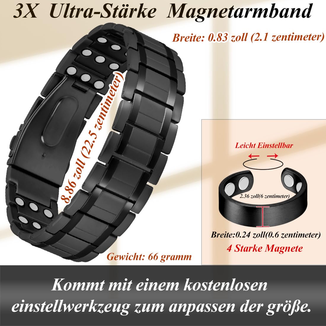 Lymphdrainage Magnetarmband Herren Ultrastarke Magnete Reines Titan verstellbar mit Entnahmewerkzeug und Geschenkbox (Schwarz)