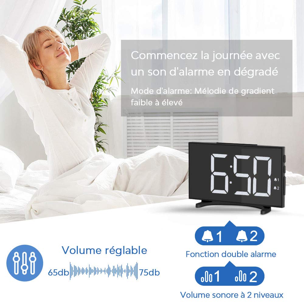 Réveil LED Numérique Grand écran Miroir LED 6,5 '' 3 Ports Charge USB à