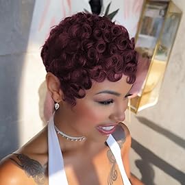 PangDongLai Pixie Cut Curly Human Hair Wigs for Black Women Short Layered Pixie Wigs With Bangs Dark 99j Color Summer Glueless Full Machine Made Short Curly Human Hair Wig