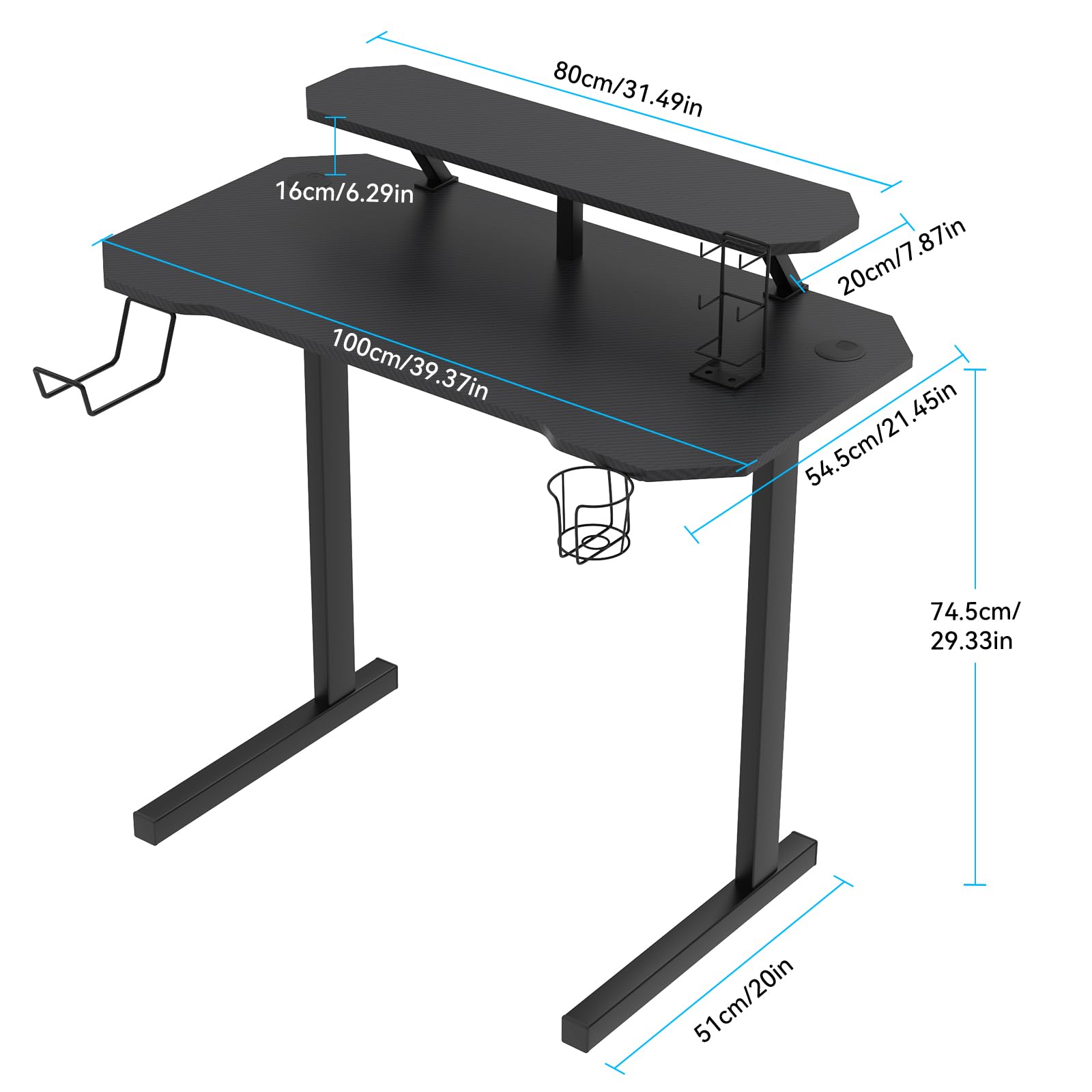Escritorio Gaming Mesa Escritorio para Computadora Mesa para PC con portavasos y Gancho para Auriculares Escritorio con Soporte para Monitor 100x55x75 cm Negro