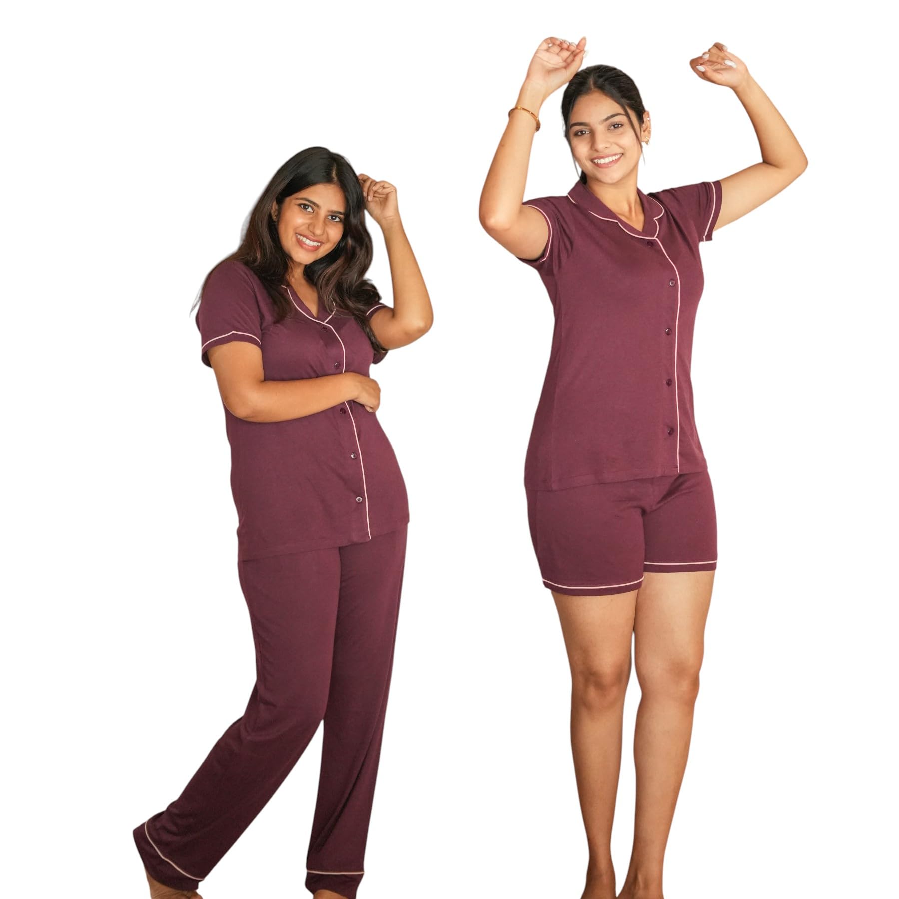 seul Women’s Cotton Pyjama Set with Top, Pant & Shorts | Soft Breathable Nightwear | Stylish 3-Piece Sleepwear Set for Home, Lounge & Bedtime | Relaxed Fit Loungewear (Burgundy)-picture-16