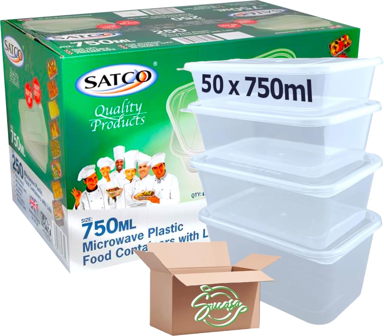 Sucasa Plastic Food Takeaway Heavy Duty Satco Plastic Containers with Lids 50x750ml | Durable Microwavable | Heavy Duty | Takeaway | Reusable & Disposable