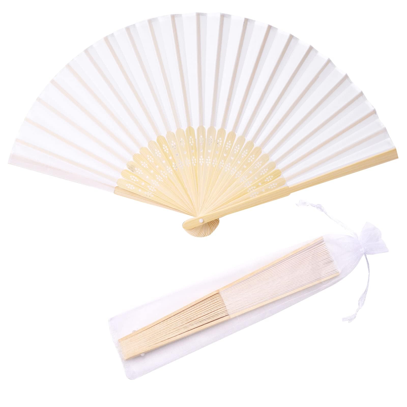 12 Pack Imitated Silk Hand Fan Imitated Silk Fabric Bamboo Handheld Folded Fan Bridal Dancing Props Church Wedding Party Favors with Gift Bags (White)