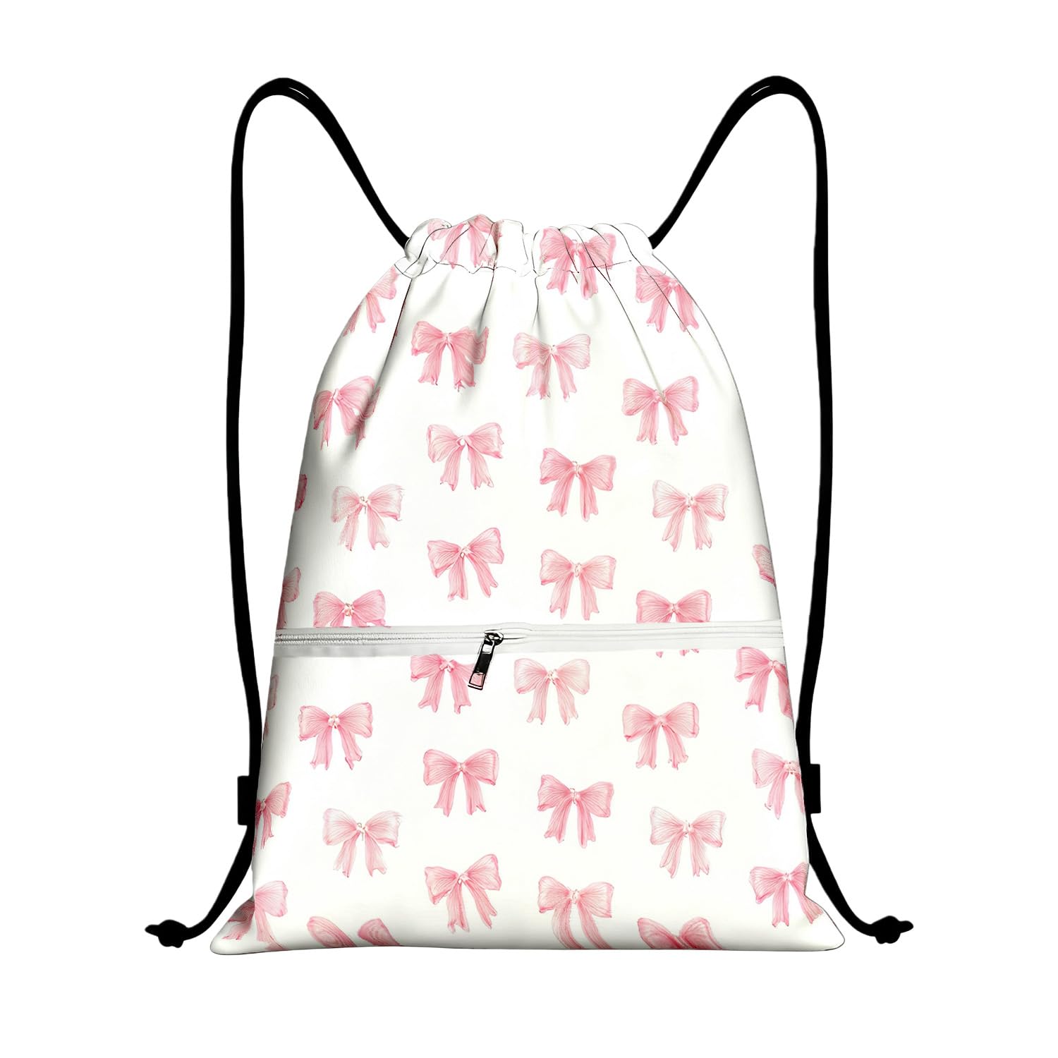 Pink Bow Drawstring Bags, Waterproof Swim PE Bag for Women Girls, Cute Coquette Sports String Backpack, Large Capacity Draw String Bag Gym for School Swimming Travel Fitness Climbing Hiking Picnic